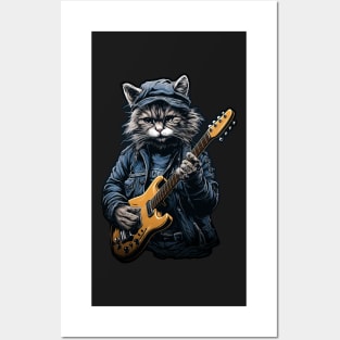 Rock n Roll Cat Playing Guitar Posters and Art